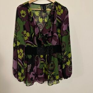 Bisou Bisou Floral Chiffon 70s Retro Bohemian Fairy Top - Green and Purple